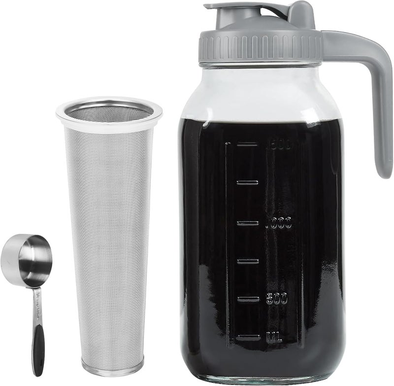 Xylanor Cold Brew Coffee Maker Pitcher, 64 OZ Heavy Duty Glass Wide Mouth Mason Jar Pour Spout Airtight Lid with Stainless Steel Infuser Filter for Iced Coffee, Ice Tea, Brewed Making - Image 1